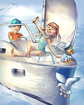 Children and a dog sail on a yacht