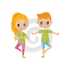 Children doing balancing yoga exercise. Funny little boy and girl in sportswear. Healthy lifestyle. Flat vector design