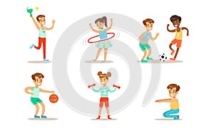 Children Doing Different Kind of Sports Set, Teen Boys and Girls, Playing Soccer, Basketball, Squatting, Twirling Hula