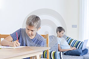 Children doing homework. Online learning, education, distance learning, entertiment at home. photo