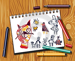 Children doodles draw cat felt pen paper and wood background.