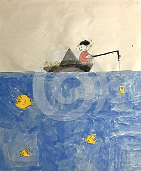 Children draw Little fisher man in the boat catching fishes