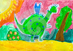 Children drawing. Large green dinosaur