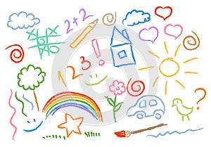 Children drawing multicolored symbols set photo