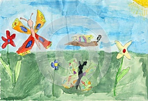 Children drawing on a paper - butterflys