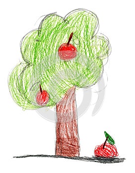 Children drawing. tree with apple