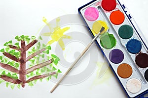 Children drawing and watercolor paints