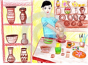 Children drawing of the work of a pottery artisan.Craft master potter makes a clay vase