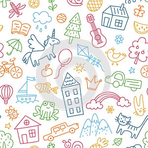 Children drawings seamless pattern. Kids doodle texture. Hand drawn cute house, cat, frog, unicorn. Baby seamless