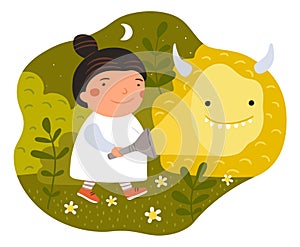 Children dreams. Little dreamer with fictional friend. Monster and kid walking in night forest. Bizarre animal