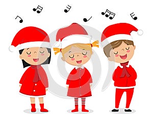 Children dressed as Santa Claus singing Christmas songs