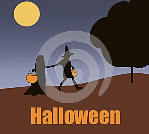 Children dressed in Halloween fancy dress to go Trick or Treating dark horror background.