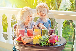 Children drink colorful healthy smoothies.. Watermelon, papaya,
