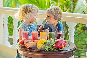 Children drink colorful healthy smoothies.. Watermelon, papaya, mango, spinach and dragon fruit. Smoothies, juices
