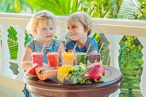 Children drink colorful healthy smoothies.. Watermelon, papaya, mango, spinach and dragon fruit. Smoothies, juices