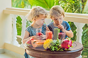 Children drink colorful healthy smoothies.. Watermelon, papaya, mango, spinach and dragon fruit. Smoothies, juices, beverages, dri