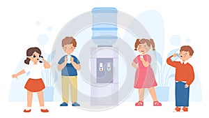 Children drinking water from cooler. Cute cartoon kids with glasses, feel thirsty and drink. Fresh beverages, break in