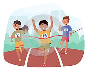 Children Eagerly Dash Across The Stadium Track, Boy Crossing the Finish Line In A Thrilling Kids Racing Competition