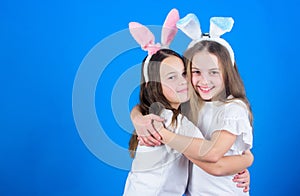 Children easter bunny costume. Playful girls sisters celebrate easter. Spring holiday. Happy childhood. Friendship