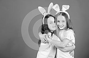 Children easter bunny costume. Playful girls sisters celebrate easter. Spring holiday. Happy childhood. Friendship