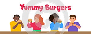 Children eat fast food yummy burgers vector illustration