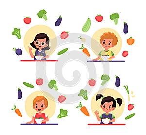 Children eat salad. Vitamin organic food and natural nutrition, kids sitting at table and eat fresh vegetables, boys and