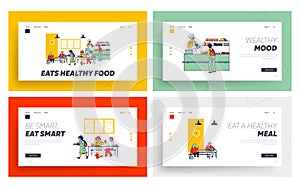 Children Eat in School Cafe Landing Page Template Set. Kids with Food Trays and Staff Character at Canteen