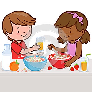 Children eating breakfast. Vector illustration.