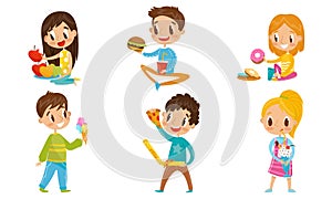 Children Eating Different Kinds Of Fastfood Vector Illustration Set