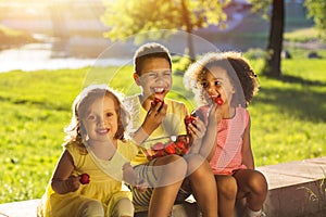 Children eating healthy organic food, fresh strawberries.Happy children eating berries