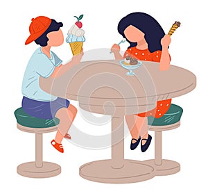 Children eating ice cream in cafe, boy and girl