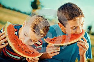 Children eating watermelon in park