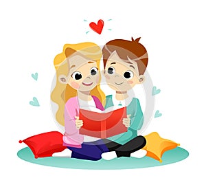 Children Education Concept. Happy Cute Cartoon Boy And Girl Are Reading The Book. Flat style. Vector Illustration