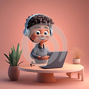 Children education online, cartoon boy using laptop, happy children in digital classroom school concept, internet e-learning,