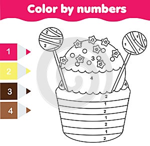 Children educational game. Coloring page with cupcake. Color by numbers, printable activity