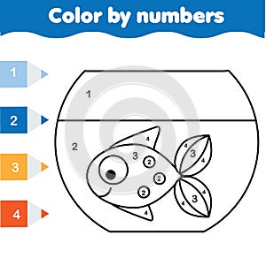 Children educational game. Coloring page with fish in aquarium. Color by numbers, printable activity
