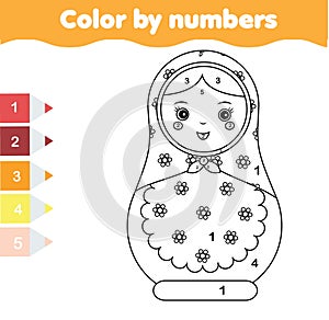 Children educational game. Coloring page with matreshka doll. Color by numbers printable activity photo