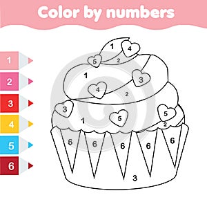 Children educational game. Coloring page with Valentine`s day cupcake. Color by numbers, printable activity