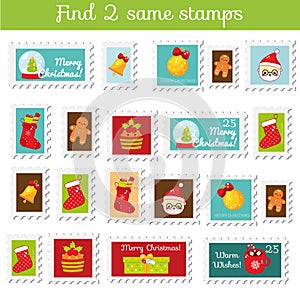 Children educational game. Find the same pictures. Find two identical Christmas stamps. New year fun for kids and toddlers