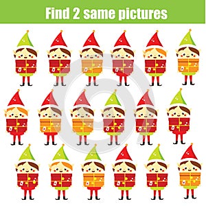 Children educational game. Find the same pictures. Find two identical Santa elf. Christmas fun for kids and toddlers