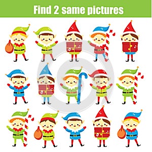 Children educational game. Find the same pictures. Find two identical Santa elf. Christmas fun for kids and toddlers