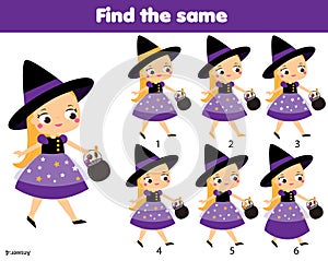 Children educational game. Find same pictures. Find two identical witch. halloween fun for kids and toddlers