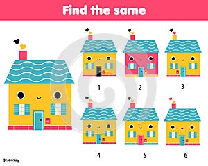 Children educational game. Find two same pictures of cute houses