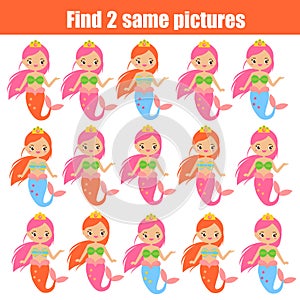 Children educational game. Find two same pictures. Cute mermaids