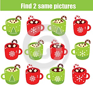 Children educational game. Find two same pictures. Find identic mugs. New Year theme activity for kids and toddlers