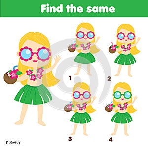 Children educational game. Find two same pictures. Summer holidays theme