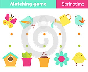 Children educational game. Logic matching game. Connect objects. Springtime theme activity for kids and toddlers