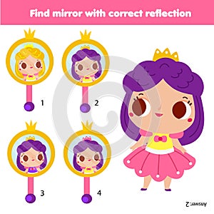 Children educational game. Matching pairs. Find the correct reflection of princess in mirror
