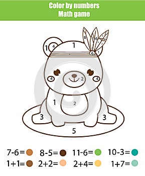 Children educational game. Mathematics actvity. Color by numbers, printable worksheet. Coloring page with cute bear