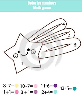 Children educational game. Mathematics actvity. Color by numbers, printable worksheet. Coloring page with falling star